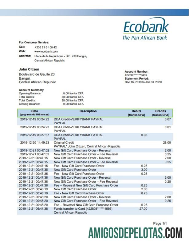 Central African Republic Ecobank amostra